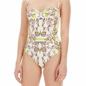 NWT Tory Burch Swimsuit Printed Underwire One-Piece in Chartreuse Meadow XSmall